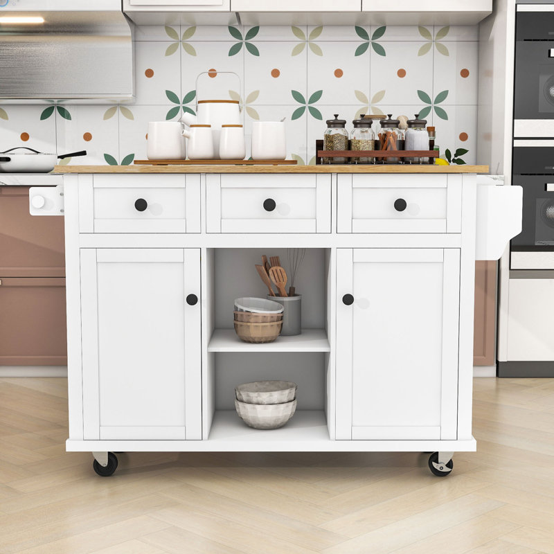 Îlot de cuisine avec armoire de rangement et 3 tiroirs pour salle à manger Dyches, Blanc