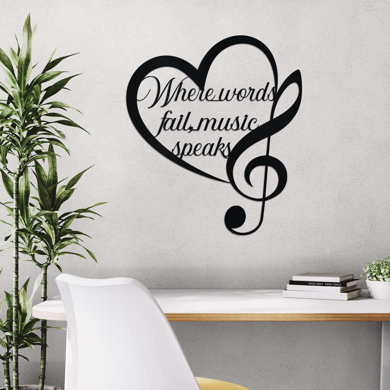 Art mural en métal où les mots échouent, musique, signe de clé de sol cœur, citation inspirante, cadeau d'amateur de musique, décoration murale musicien