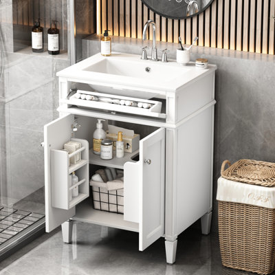 Meuble-lavabo 24 po avec lavabo, 2 portes et tiroir escamotable pratique et élégant, fermeture silencieuse de l'armoire, tiroir de lavabo en céramique, conception intelligente pour la salle de bain, tiroirs coulissants et support solide