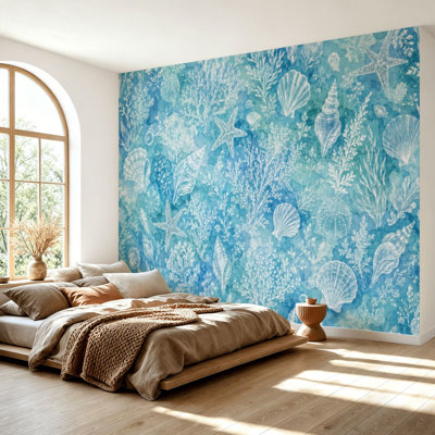 Papier peint adhésif peler et coller océan corail coquillage doux bleu blanc tons auto-adhésif amovible papier contact mural pour salon chambre à coucher