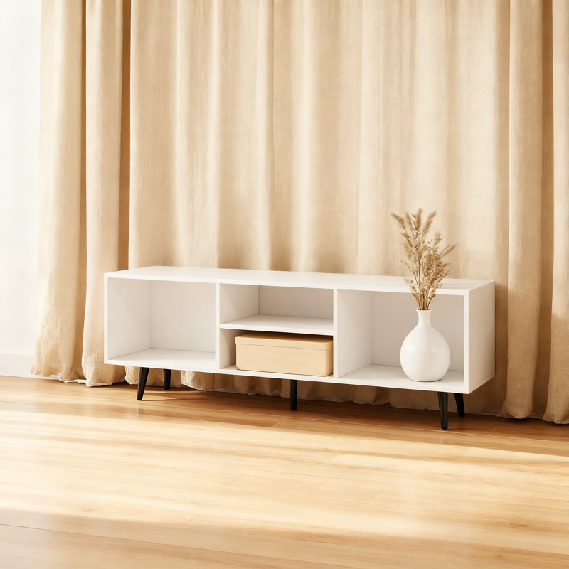 Meuble télé pour téléviseur de 55 po, console multimédia avec 2 compartiments de rangement et tablettes, centre de divertissement avec pieds en métal robustes pour le salon et la chambre à coucher