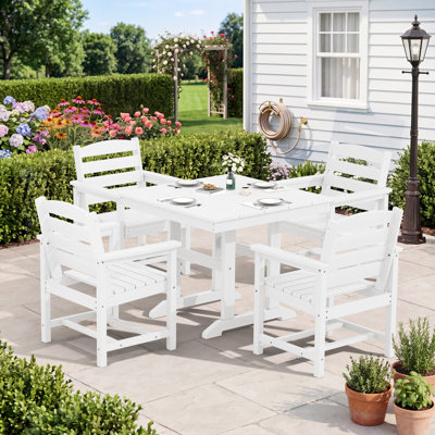 Ensemble de salle à manger 5 pièces en PEHD pour l'extérieur, table de patio avec 4 larges accoudoirs, mobilier de jardin toutes saisons en blanc