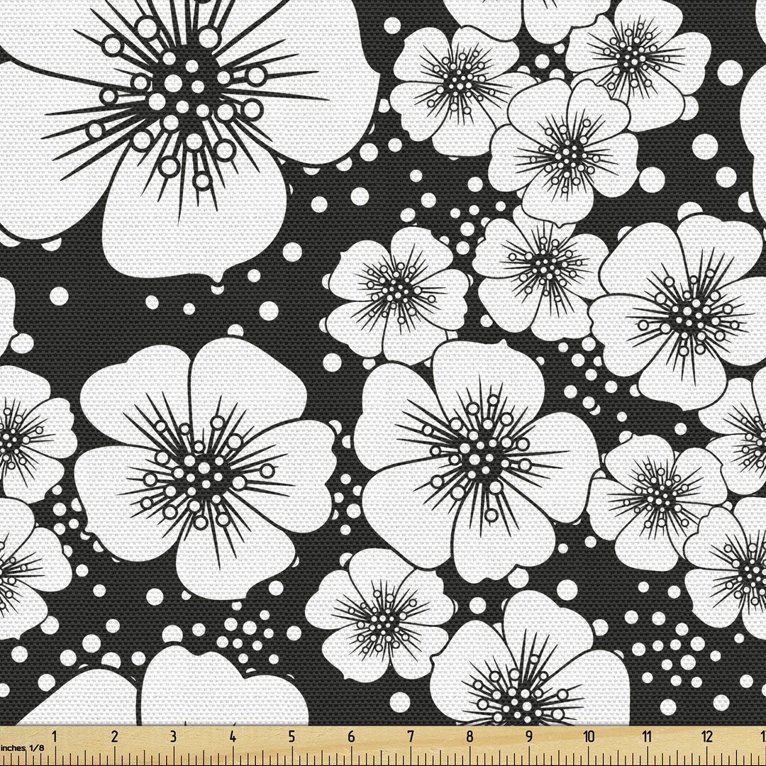 Gewebe als Meterware, Monochrome Apple-Blüten, Jahrgang, Charcoal Grau Weiß