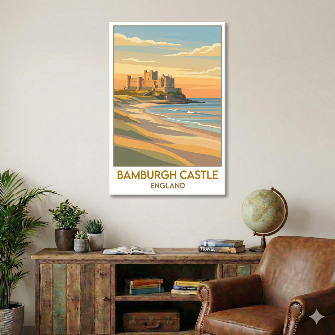 Bamburgh Castle, England - Romantic Coastal Castle Travel Poster Of Northumberland's Clifftop Fortress. Giclée Print On Wrapped Canvas. Wall Art, Home