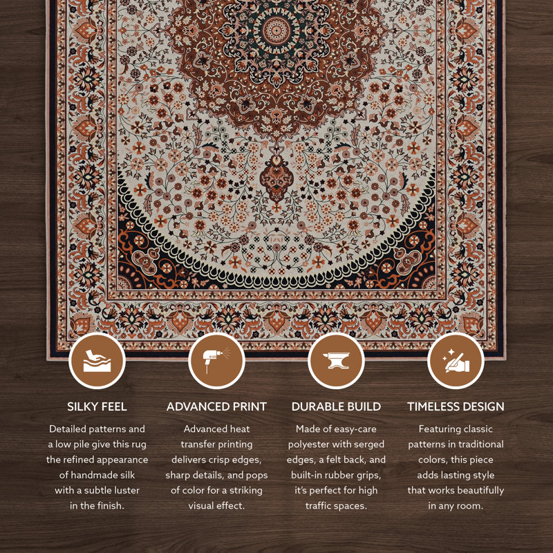 Emanuel Traditional Machine Woven Flatweave Cream and Copper Area Rug with Non Skid Backing, Rectangle 6'7" X 9'7"