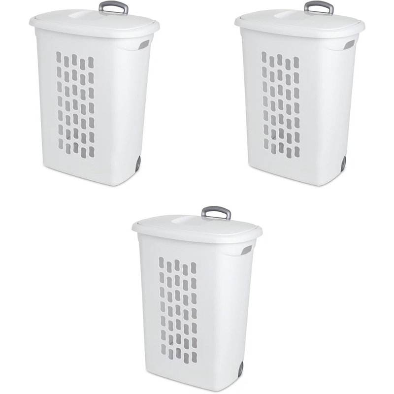 3-pack Ultra Wheeled Hamper With Flip-top Lid And Retractable Handle, Plastic Rolling Laundry Basket With Ventilated Design For Clothes Storage, Home, Apartment And Dorm Organization