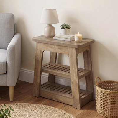 23.6" Rustic Brown 3-Tier End Table with Ventilated Slatted Shelves and Sturdy Trapezoidal Legs, Farmhouse Side Table with Rounded Edges for Living Room, Bedroom & Small Spaces