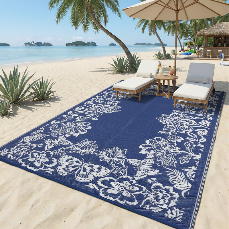 Tapis d'extérieur imperméable avec bordure en plastique - Tapis de pont réversible, résistant aux rayons UV, aux taches et facile à nettoyer pour la cour