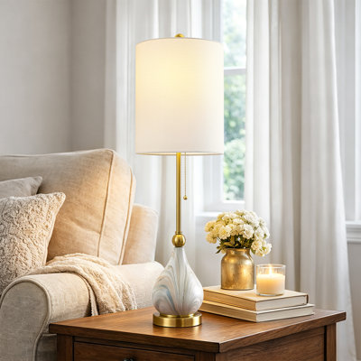 33" Modern Glam Ceramic Table Lamp with Pre-assembled Shade and Pull Chain for Bedroom Living Room