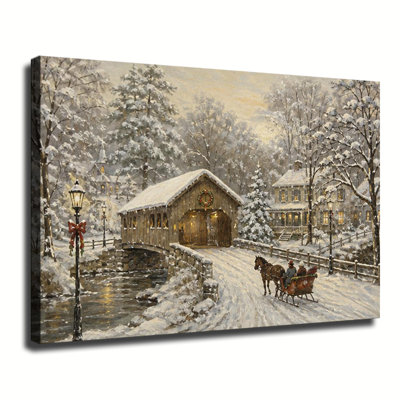 Tableau sur toile représentant un pont couvert classique en hiver, une promenade en traîneau à travers un village enneigé, une œuvre d'art murale de Noël vintage