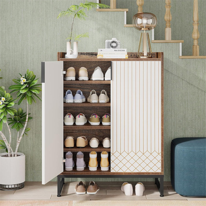 Range-chaussures 29,52 po brun et blanc avec portes, range-chaussures 5 niveaux, Brun / blanc / noir