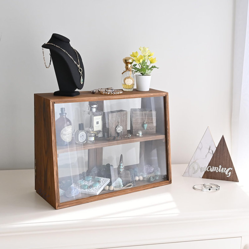 Vitrine en bois trempé avec portes doubles, Brun