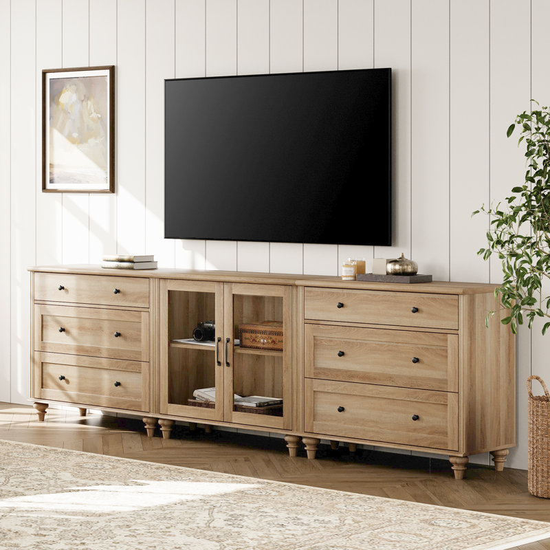 Farmhouse TV Stand, 3-In-1 TV Console Table For 75/80/85/90 Inch TV, Entertainment Center With Drawer & Glass Door, Oak