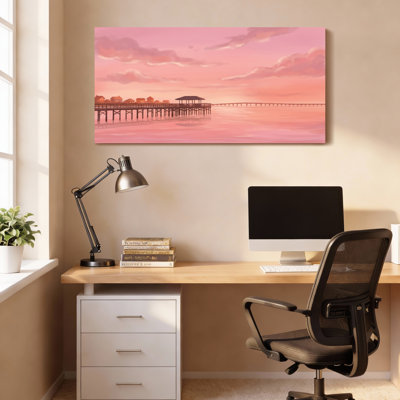 Ensemble de 1 tableau sur toile tendue représentant un paysage de jetée au coucher du soleil rose
