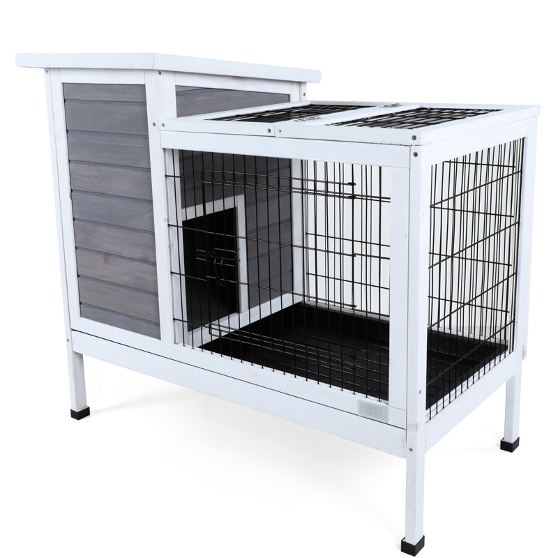 Cage à lapins en bois à deux niveaux pour l'intérieur pour petits animaux avec piste et plateau en plastique étanche, gris