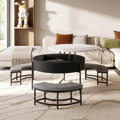 Table basse à plateau relevable avec rangement et 3 repose-pieds