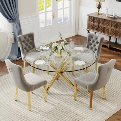 5-Piece Modern Round Pedestal Dining Set with Velvet Tufted Dining Chair for Dining Room and Living Room