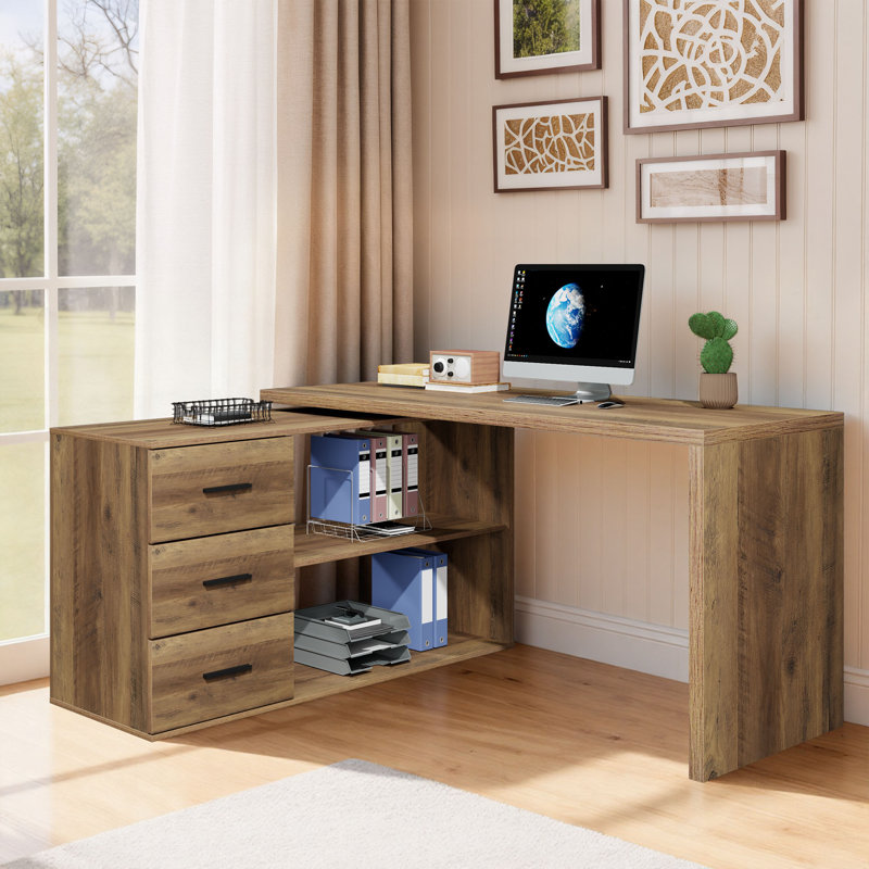 360° Rotating L Shaped Computer Desk With 3 Drawers And 2 Shelves, Home Office Swivel Desk For Work, Reversible Wood Corner Desk With Storage Cabinet, 55 Inch
