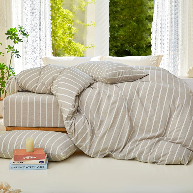 Ensemble de housse de couette à rayures 100% coton lavé DONEUS, ensemble de literie texturé 3 pièces avec fermeture à glissière