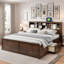 Lit plateforme en bois avec tête de lit multi-rangement, USB et 2 tiroirs-1753062580