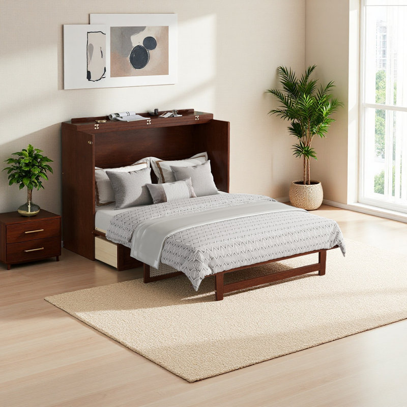 Grand lit escamotable, armoire en bois de pin avec décoration en rotin et tiroir de rangement, Noyer