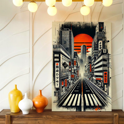 Toile urbaine de la ville, rue japonaise, soleil rouge, impression sur toile urbaine