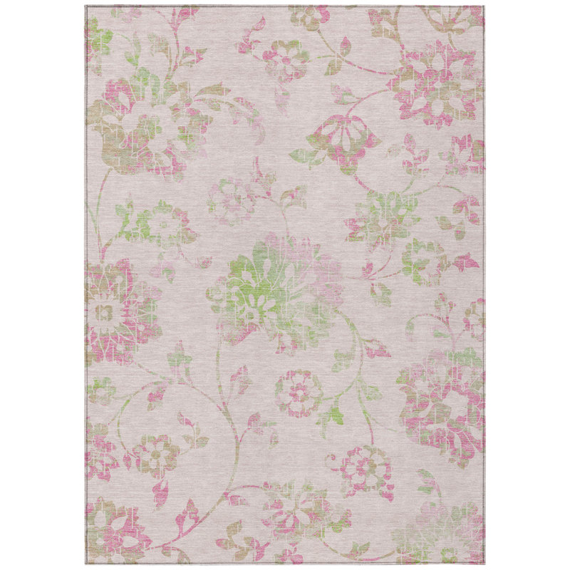 Tapis intérieur lavable floral 8 pi x 10 pi rose et vert artichaut
