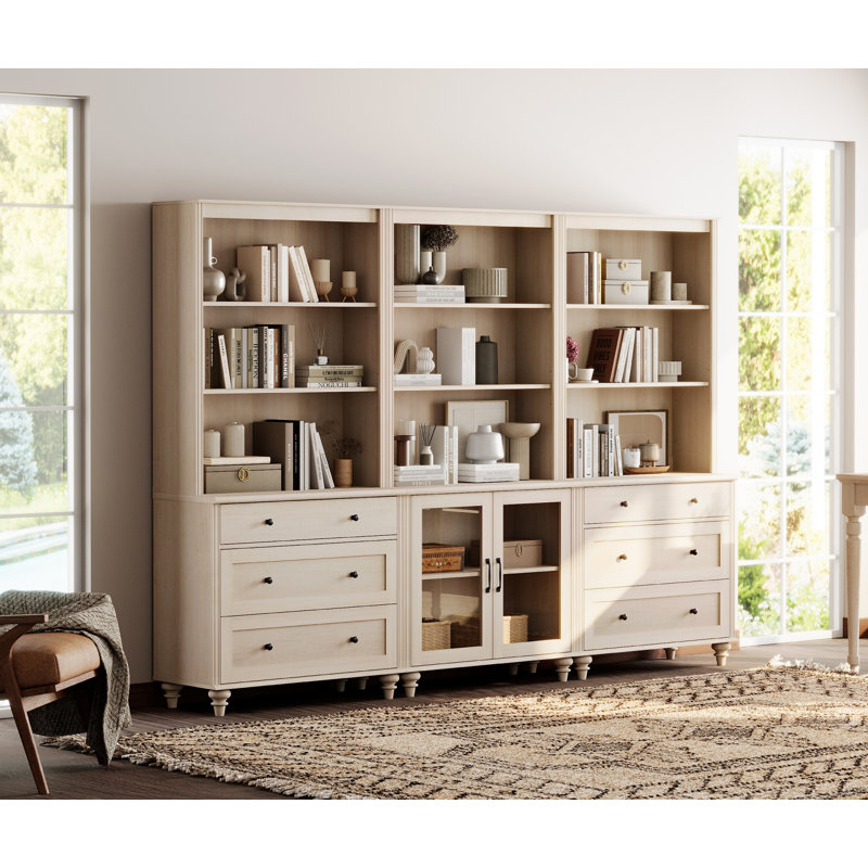 Buffet Dalontae avec huche de bar, buffet avec 2 portes en verre, 6 tiroirs et 3 tablettes à niveaux, Beige