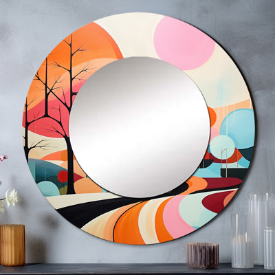 Colorful Mid Century Abstract Landscapes - Midcentury Modern Large Wall Mirror, Mid-Century Modern Round Decorative Mirror, Printed Metal Art