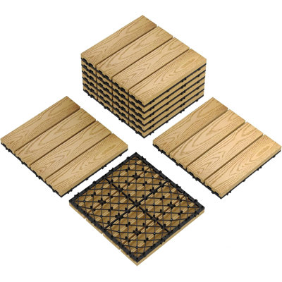 9 tuiles de terrasse WPC 30 x 30 cm, plancher de patio imbriqué à grain de bois en 2 D, carreaux d'extérieur à verrouillage en forme de M pour balcon, jardin, bord de piscine, teck