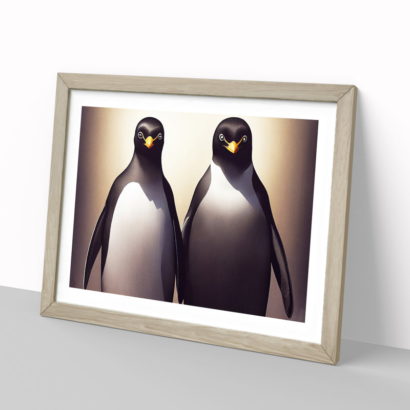 XH1022-6750X Pair Of Penguins - Single Picture Frame Painting, Oak Framed, 34cm H x 46cm W x 2cm D