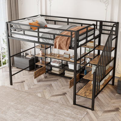 Full Size Metal Loft Bed with Staircase,Low Storage Table and Storage Shelves by Mason & Marbles