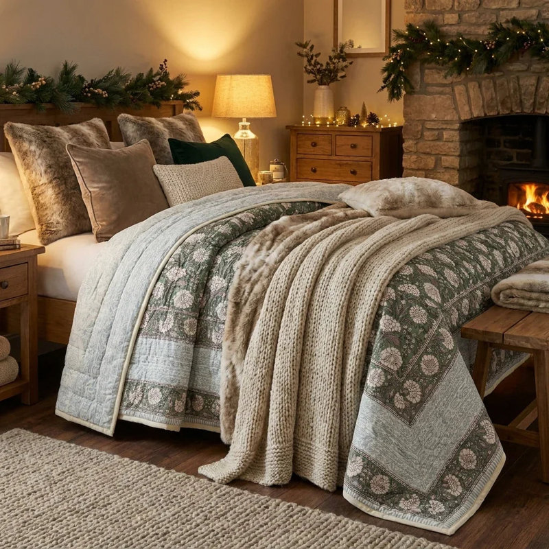 House of Avana Cream & Rose Pink Botanical Floral Jaipur Indian Hand Block Print Quilted Comforter, Queen