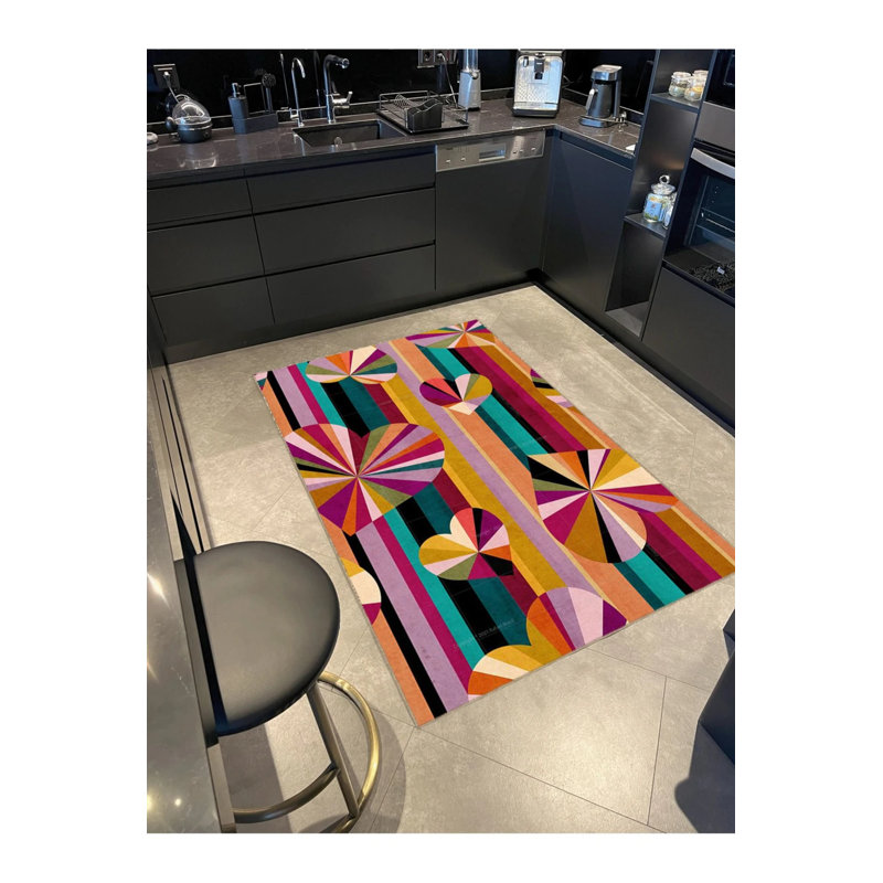 Creative Modern Decorative Carpet With Multicolored Heart And Geometric Patterns, Round 4'