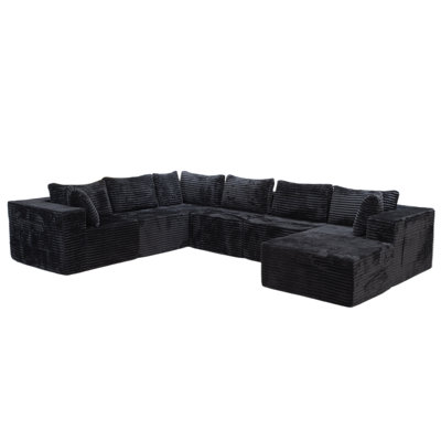 126" U-Shaped Compression Sectional For 7, Corduroy Cloud Couch, Black