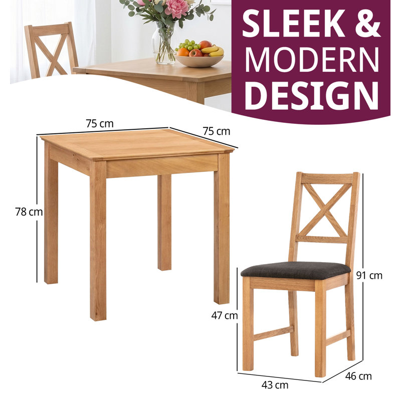 Hereford Small Dinning Table With Cross Back Oak Chairs, Charcoal Grey Fabric Seat, 3 Pieces: Table, 2 Chairs