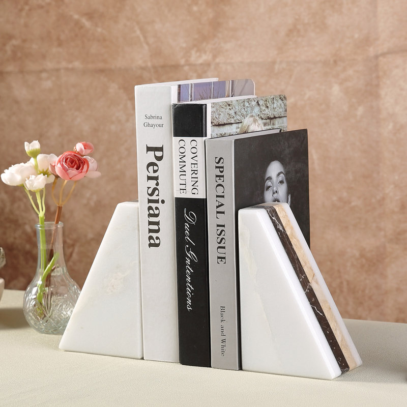 Serre-livres en marbre naturel (lot de 2), supports de livres modernes en pierre pour la décoration d'étagères
