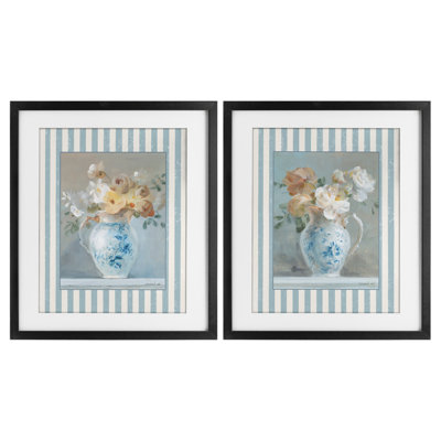 Heirloom Bouquet on Stripes 2pc Framed Print Under Glass Set, design by Danhui Nai