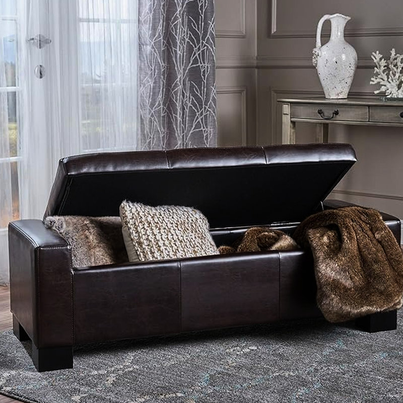 Banc en brun. Offre un rangement spacieux pour les oreillers, couvertures et articles de compagnie. Ouverture douce de la charnière pressurisée. Assemblage requis. 50,75 po x 20 po 17 po brun avec capitonnage. Convient aux articles. Facile