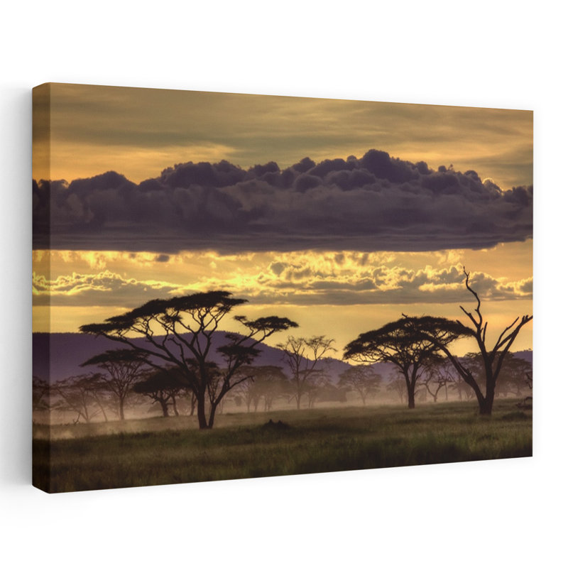 Art africain, paysage africain, savane, crépuscule, H 16 po x l 24 po