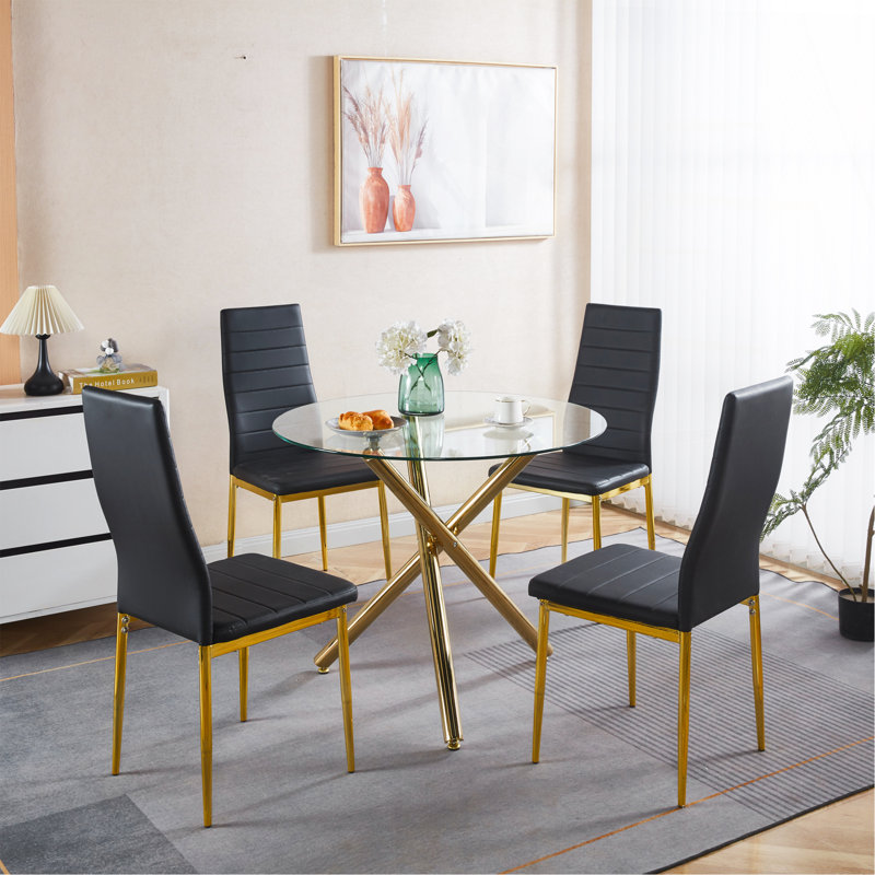Ensemble de salle à manger 1 + 4,5 pièces, table de salle à manger Mid-Century pour 4 à 6 personnes avec plateau en verre, table de salle à manger à piédestal, table basse de loisirs.