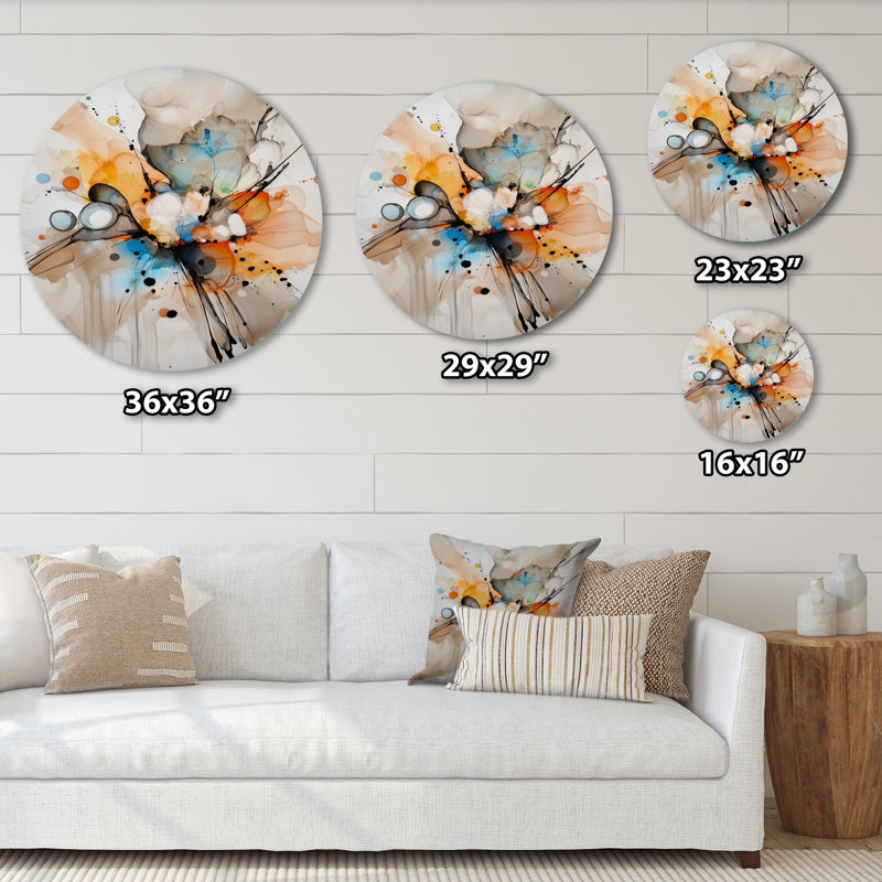 Liquide, forme abstraite, décoration murale ronde moderne, art de salon orange, H 16 po x l 16 po
