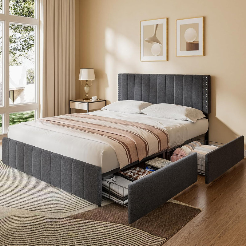 Lit plateforme tapissier avec rangement et tête de lit Masad, Gris foncé, Grand