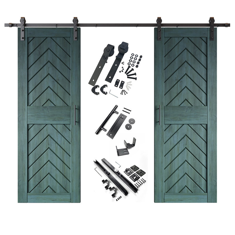Homacer Royal Pine 30 po x 84 po fini et non assemblé 4-en-1 Fishbone deux portes de grange avec quincaillerie d'installation sans dérivation, rail de 11 pi, utilisation intérieure seulement