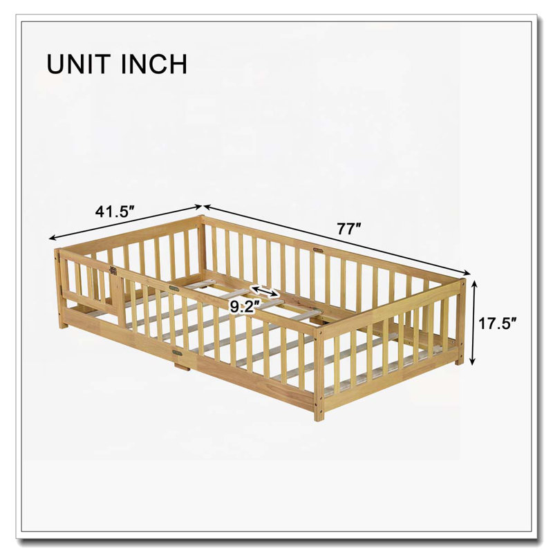 Lit en bois avec clôture et porte, Naturel, Lit simple