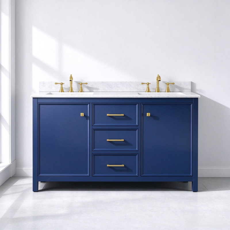 Malbon 60 " W Freestanding Standard Free Standing 1 Single Double Vanity Bathroom Vanity With Carrara Marble Top, Blue