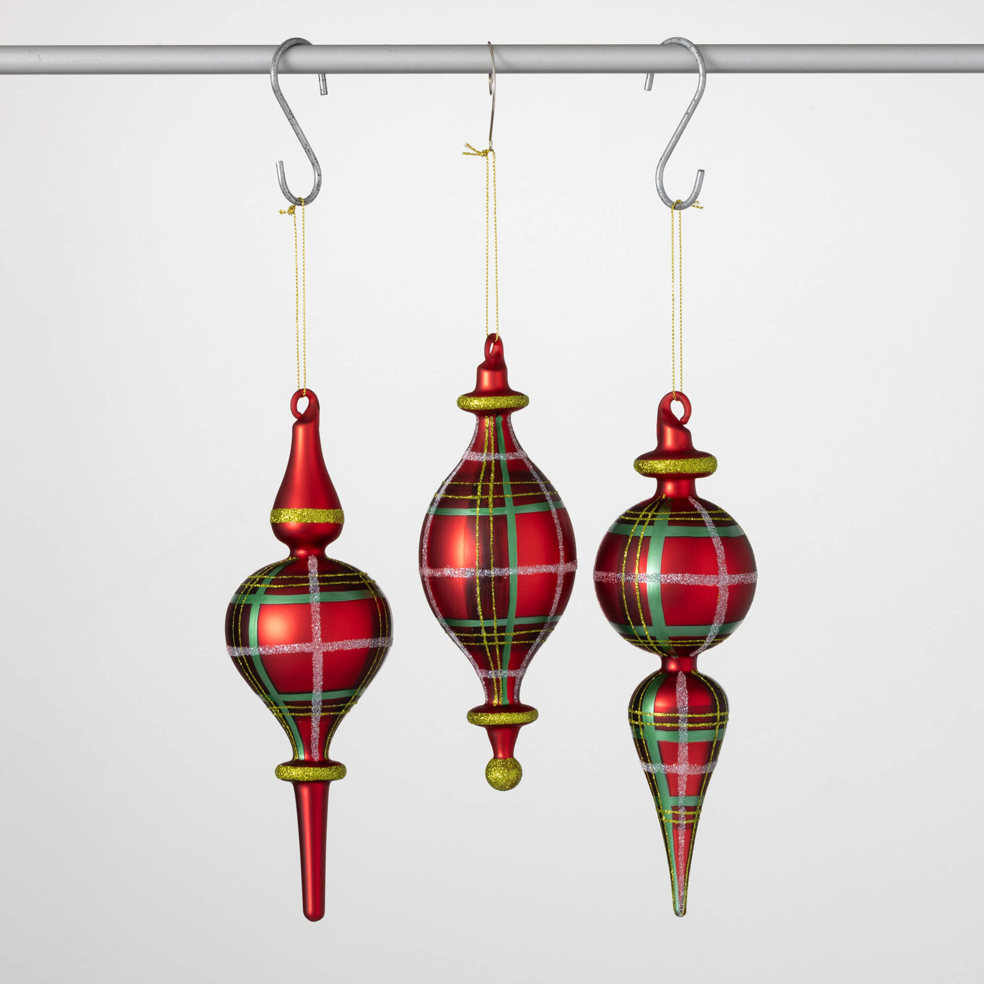 The Holiday Aisle® 7.75", 9" & 9" Christmas Plaid Finial Ornament Trio Set of 3, Red-Green | Wayfair