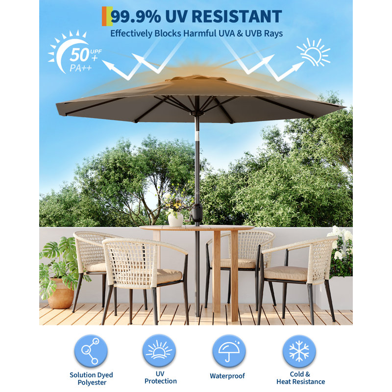Parasol de patio, parasol de table extérieur de 9 pi avec manivelle et inclinaison à bouton-poussoir, 8 baleines robustes pour terrasse, cour