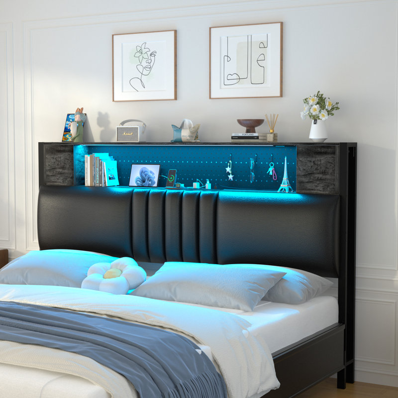 Storage Upholstered PU Headboard With LED Lights & Charging Station, Gray Oak, Full