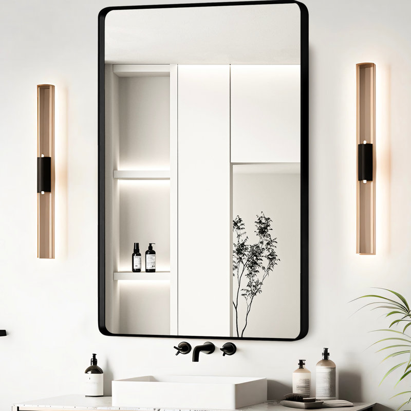 Miroir de salle de bain 24 po x 32 po dans un cadre en aluminium noir, reflet transparent à travers le verre flottant HD, alliage de rouille, caractéristique de preuve, installation en Z pour une fixation murale, aluminium bien emballé, pouce, miroir,